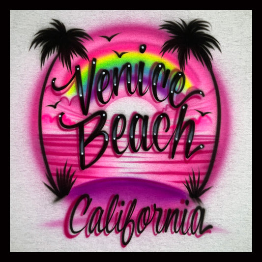 Rainbow sunset beach & palm trees airbrushed t-shirt