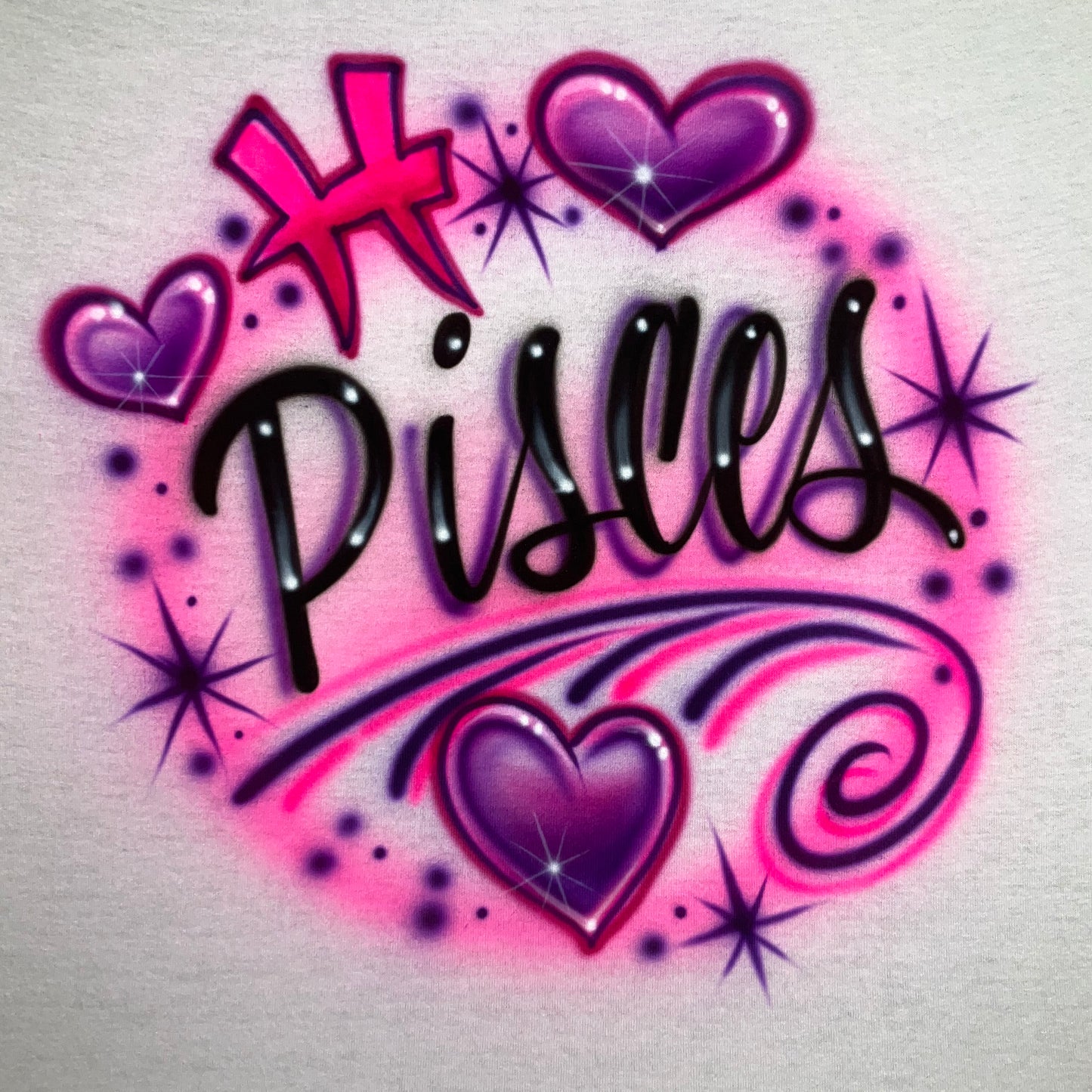 Airbrushed Tee - Pisces zodiac symbol with hearts