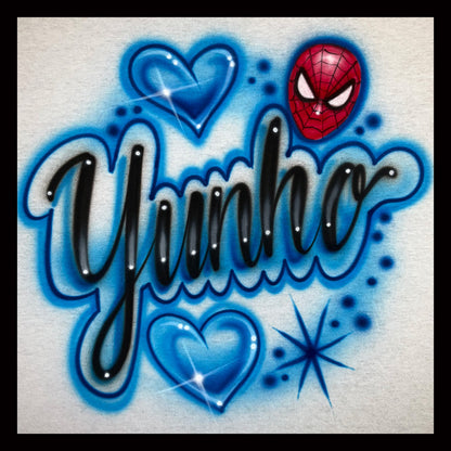 Airbrushed T-shirt - Yunho - Hearts and starbursts - Spiderman head