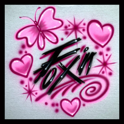 Airbrushed T-shirt - Mingi's "Fix On" in Scratch Lettering - Swirly Butterfly Background