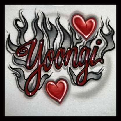 Airbrushed T-shirt - Yoongi in Brick Red with Gray/Silver flames & Hearts