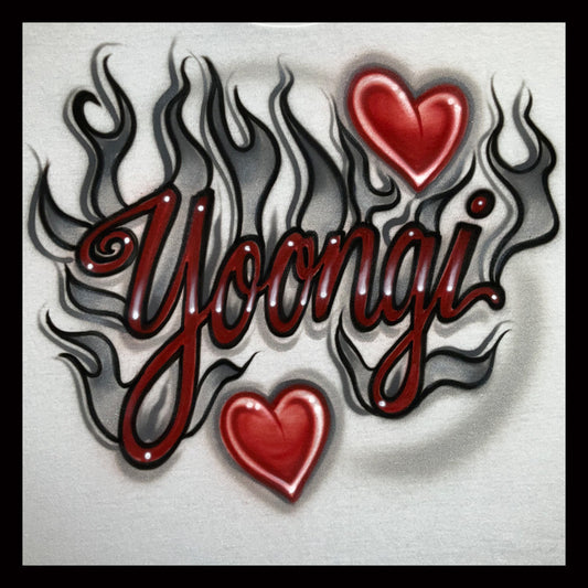 Airbrushed T-shirt - Yoongi in Brick Red with Gray/Silver flames & Hearts