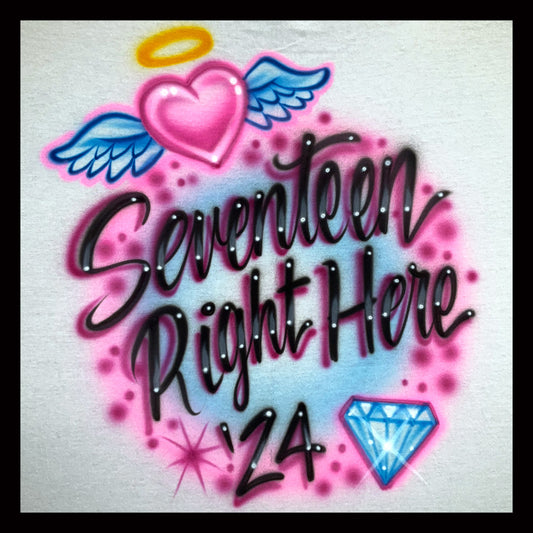 Airbrushed T-shirt - Seventeen Right Here - Heart with wings and a Halo - Diamond