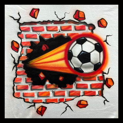 Airbrush T-shirt - Soccer Ball - Brick Wall - Crashing - Personalized - You Choose Color