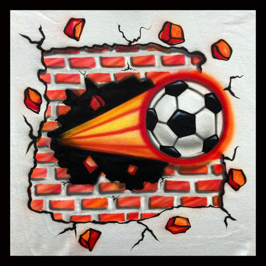 Airbrush T-shirt - Soccer Ball - Brick Wall - Crashing - Personalized - You Choose Color