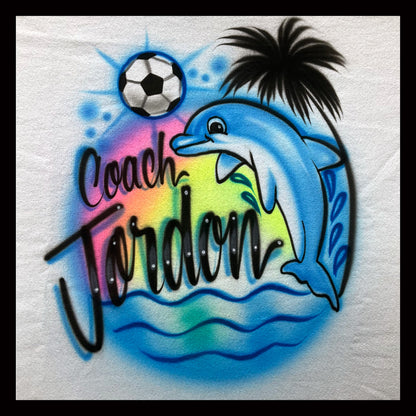 Airbrushed soccer beach-themed T-shirt with dolphin - Your sport