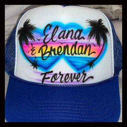 Airbrush Trucker Hat * Beach Scene * Hearts * Couples * Friends