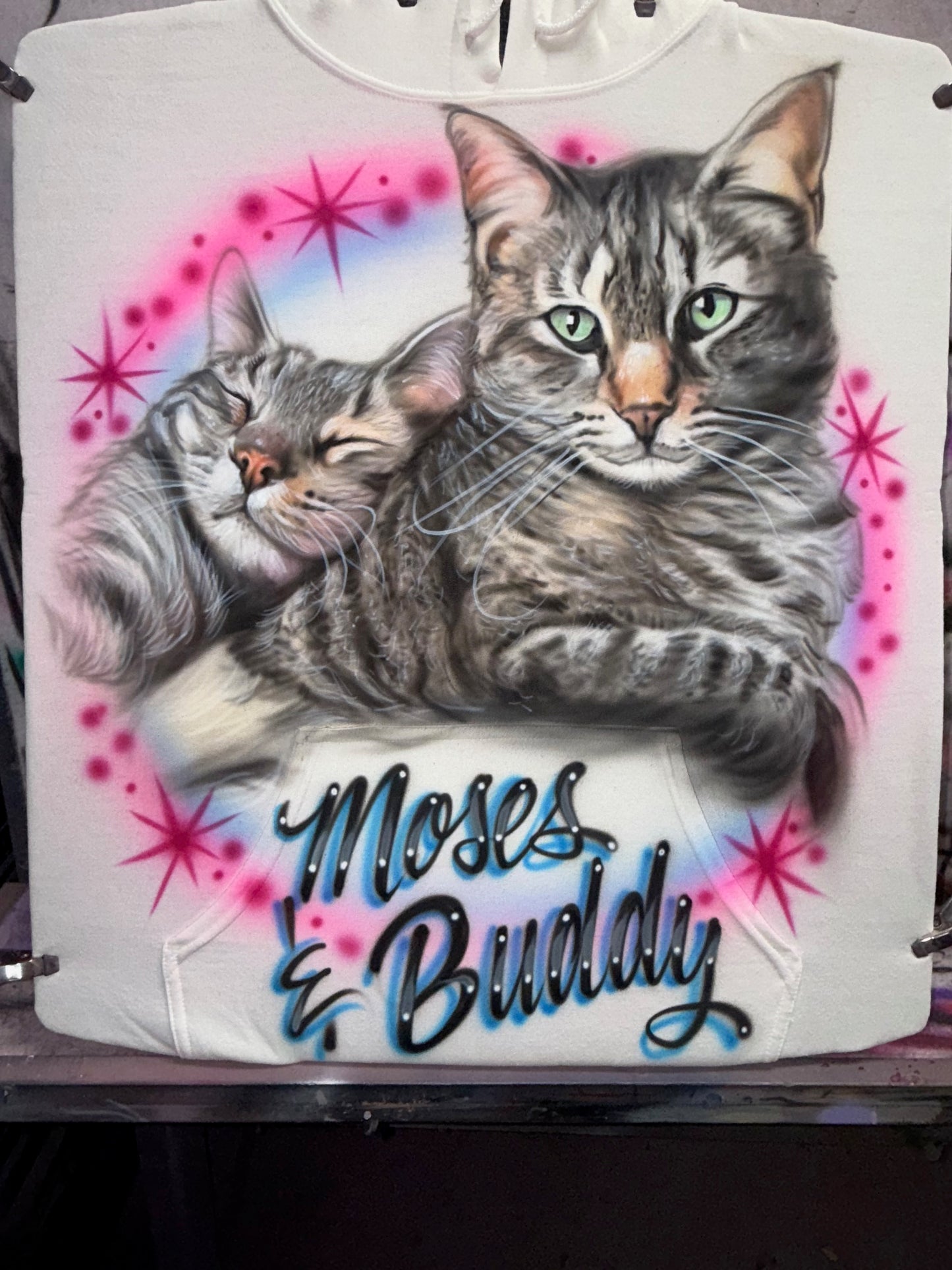 Two cats airbrushed pet portrait with starbursts & accents