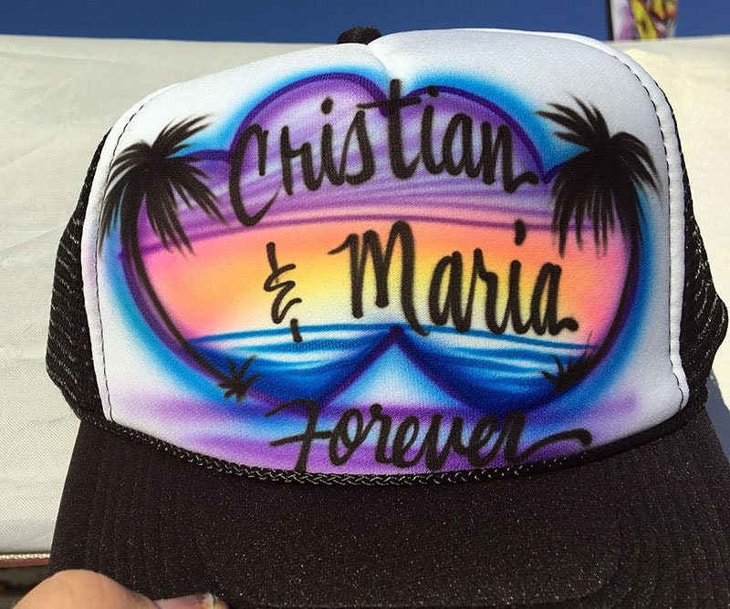 Airbrush Trucker Hat * Beach Scene * Hearts * Couples * Friends