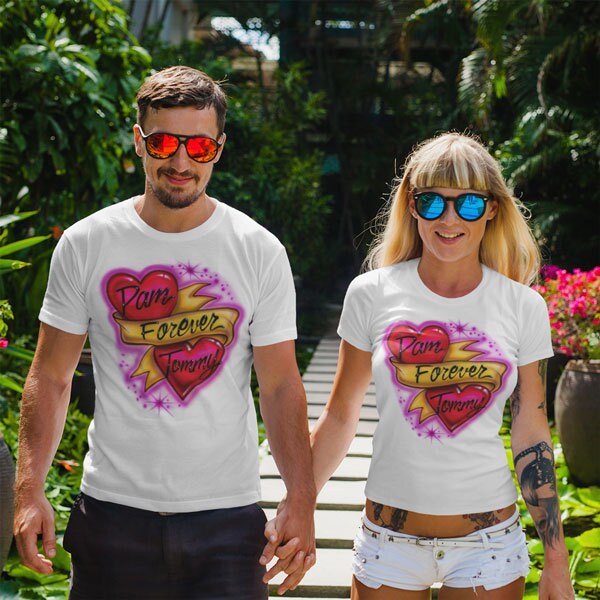 Airbrush T shirt Hearts with Ribbon Couples Design