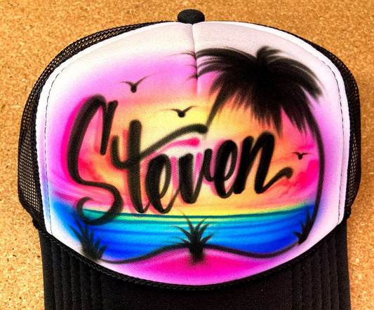 Airbrushed Trucker Hat *Beach * One Word * colorful