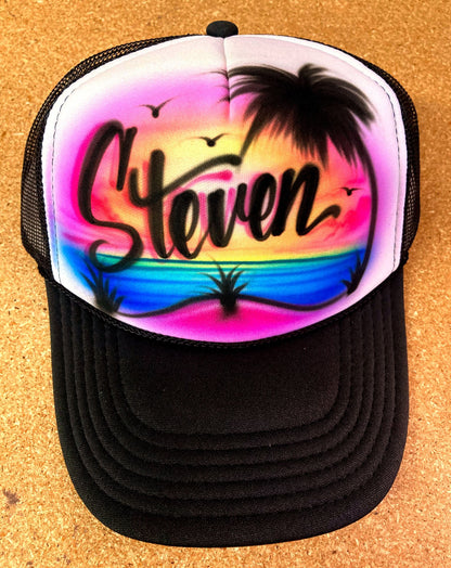 Airbrushed Trucker Hat *Beach * One Word * colorful